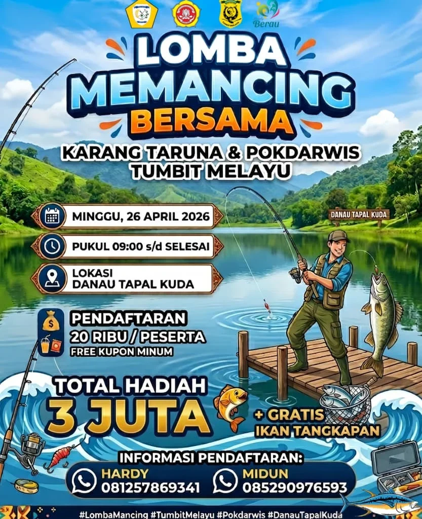 Flyer lomba memancing di Danau Tapal Kuda, Kampung Tumbit Melayu, 26 April 2026 mendatang.
