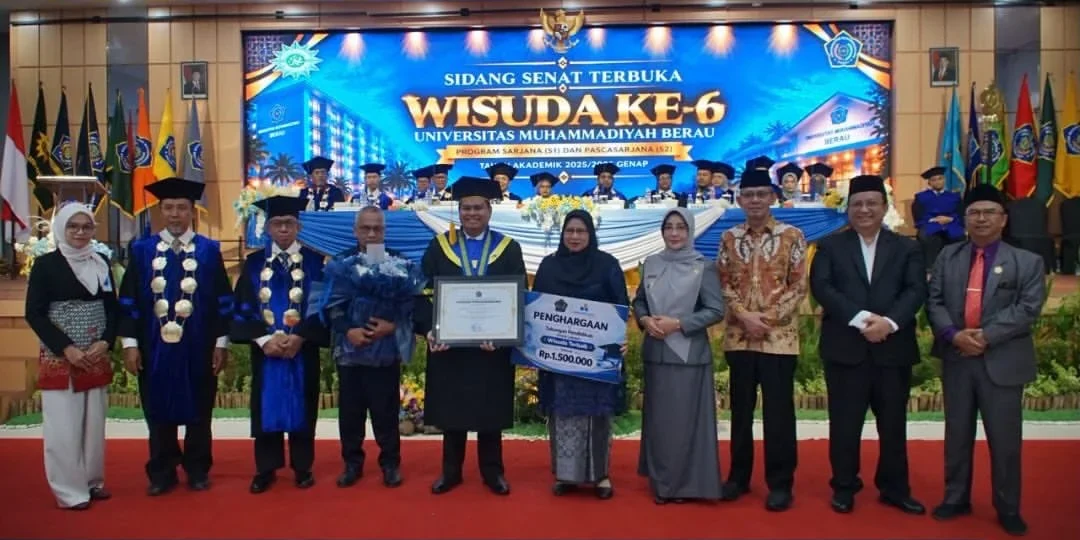 Bupati Berau, Sri Juniarsih Mas, saat menghadiri Wisuda ke-6 Program Sarjana dan Pascasarjana UMB di Ballroom SM Tower Hotel and Convention, Kamis (10/9/2026). (Prokopim)